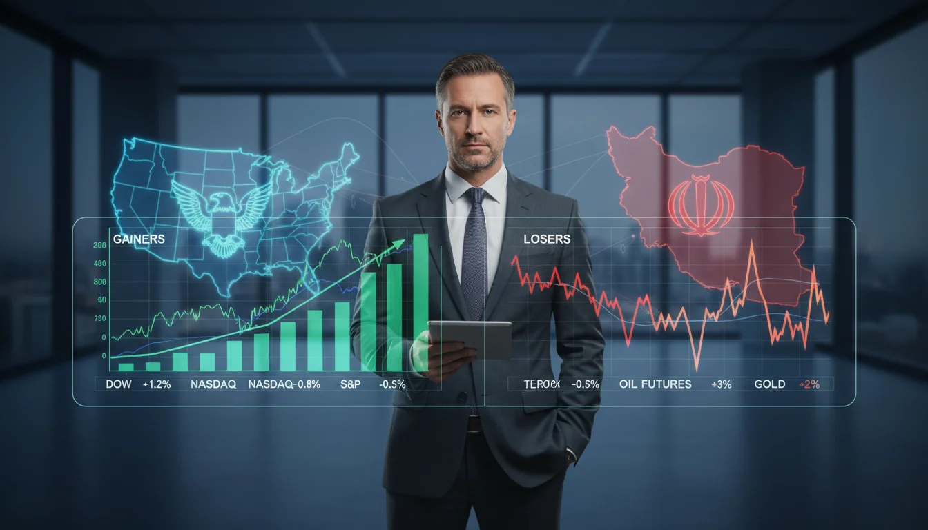 투자자가 미국-이란 갈등 속 주식 시장 지표를 분석하며 신중하게 투자 전략을 세우는 이미지 1