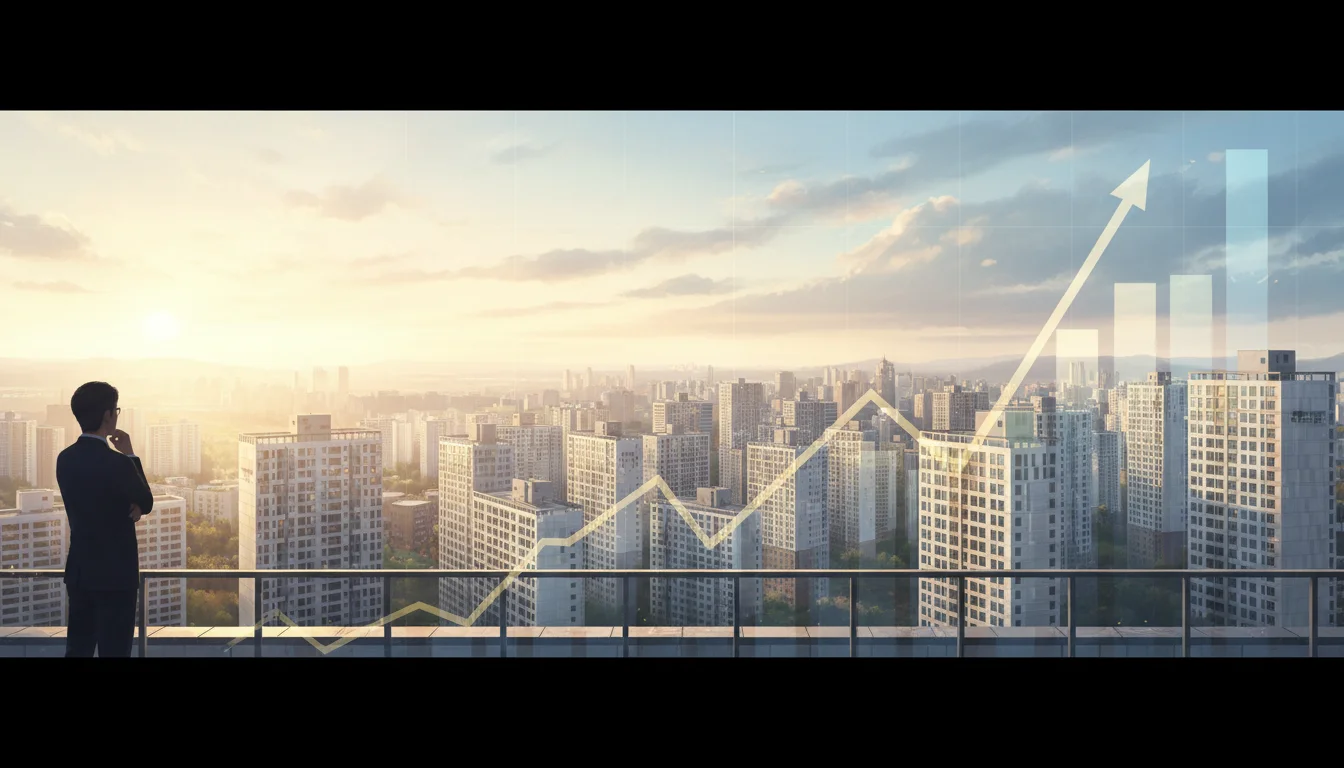 해 뜨는 김포 아파트와 집값 상승 그래프를 바라보며 내집마련을 고심하는 사람의 모습. 1 해 뜨는 김포 아파트와 집값 상승 그래프를 바라보며 내집마련을 고심하는 사람의 모습. 1