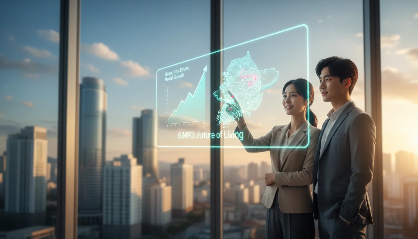 김포 아파트 투자 분석 중인 젊은 부부와 주택 시세 상승 그래프 1