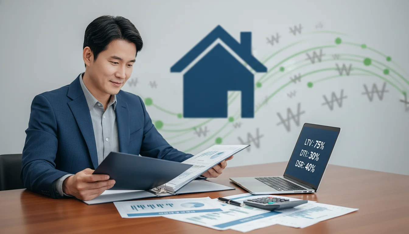 주택담보대출 서류와 LTV, DTI, DSR 그래프를 보며 분석하는 1주택자 1