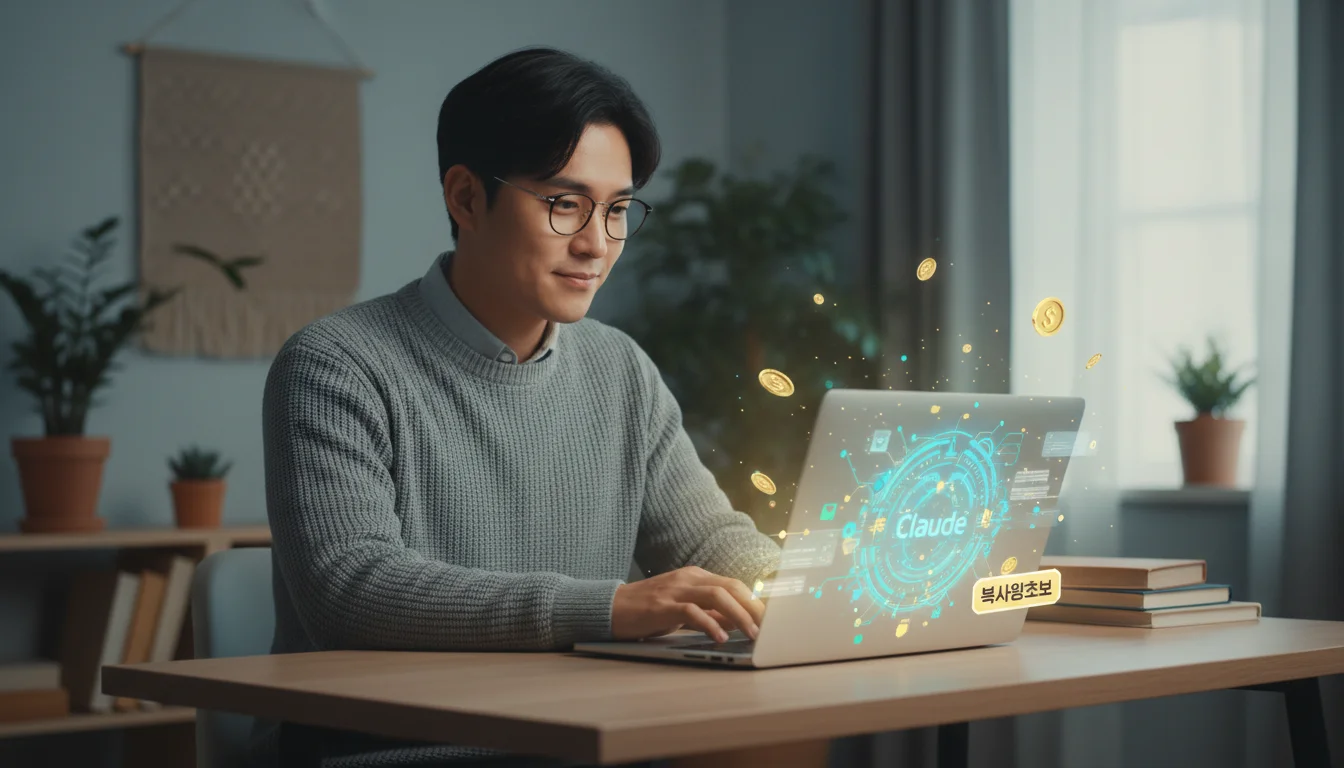 블로그 초보가 노트북으로 클로드 AI를 활용해 글쓰며, 돈벌기를 기대하는 모습. 1