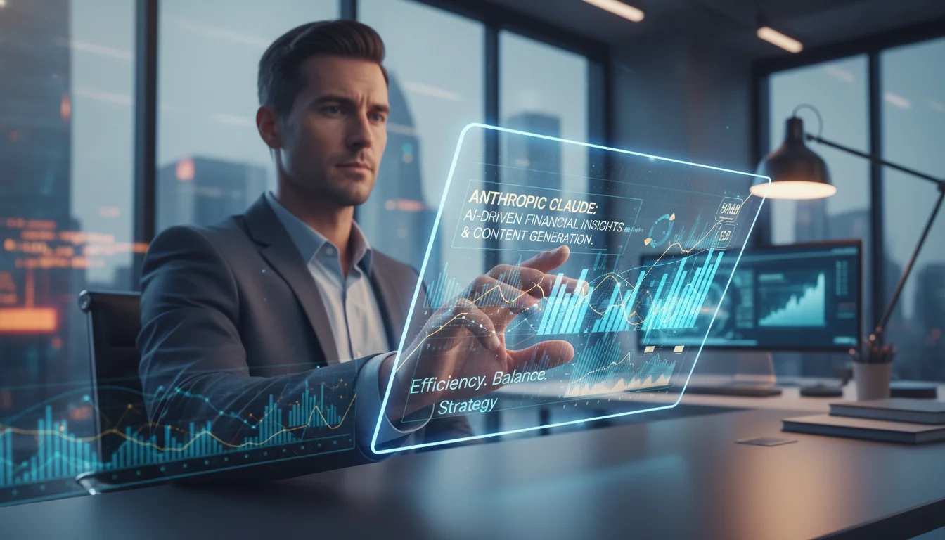 금융 전문가가 태블릿으로 AI 생성 재테크 글과 차트를 확인하며 콘텐츠 전략을 구상하는 모습. 1