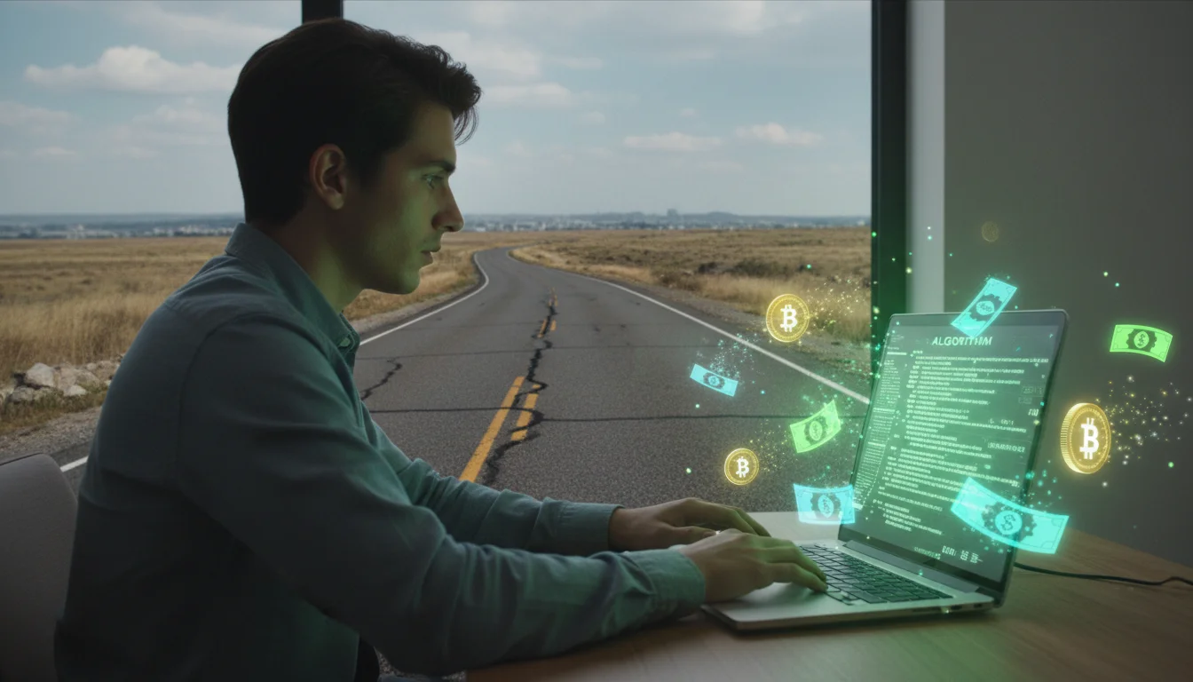 초보자가 AI 글쓰기 도구를 보며 돈벌이 기대와 현실적 고민을 하는 모습.