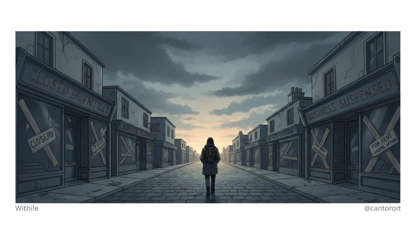 폐업한 가게들이 줄지어 있는 거리에서 고심하는 자영업자의 뒷모습 1