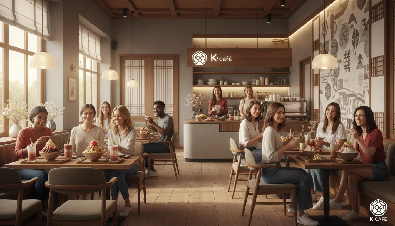 세계 각국 사람들이 모여 한국식 카페에서 커피와 디저트를 즐기는 모습 1