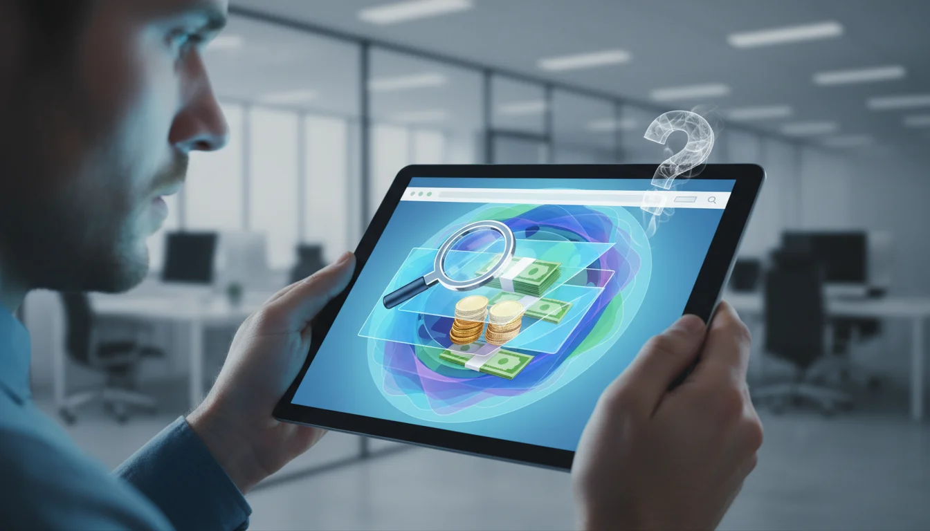 손이 태블릿 화면에서 숨은 보험금을 검색하는 모습. 돈과 물음표가 보이며 신뢰성 고민을 표현. 1