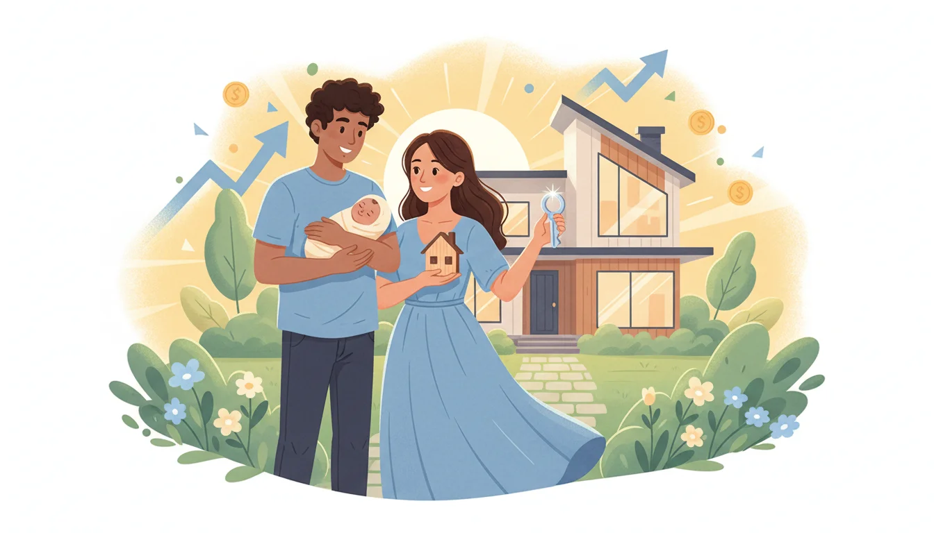 신생아를 안은 부부가 희망찬 표정으로 집을 바라보는 모습. 내집마련의 기회를 상징하는 일러스트. 1