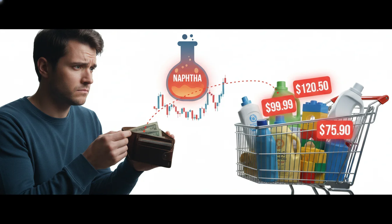 텅 빈 지갑을 들고 비싼 생필품이 가득한 카트를 걱정스레 바라보는 사람, 뒤로는 나프타 원유 통이 보임. 1 텅 빈 지갑을 들고 비싼 생필품이 가득한 카트를 걱정스레 바라보는 사람, 뒤로는 나프타 원유 통이 보임. 1