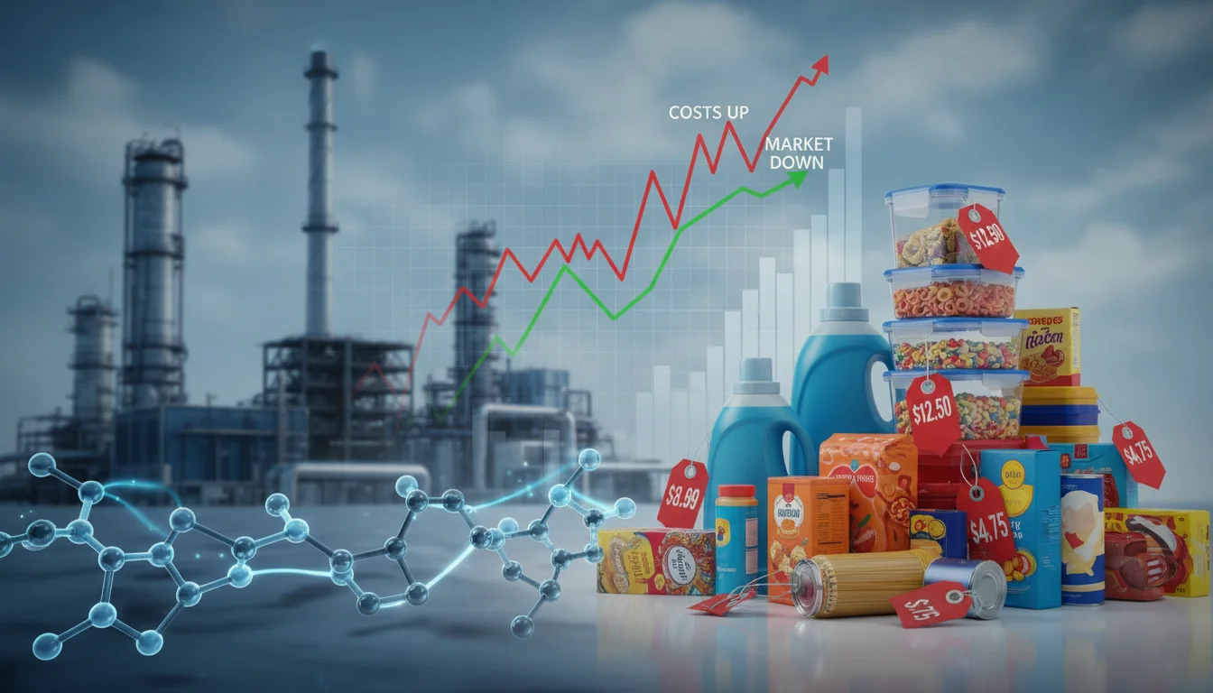 나프타가 플라스틱, 세제 등 생필품 가격에 미치는 영향과 주가 변동을 보여주는 이미지. 1