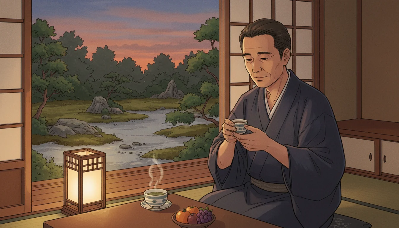 縁側で日本酒を嗜む50代男性。健康的な飲酒習慣。 1