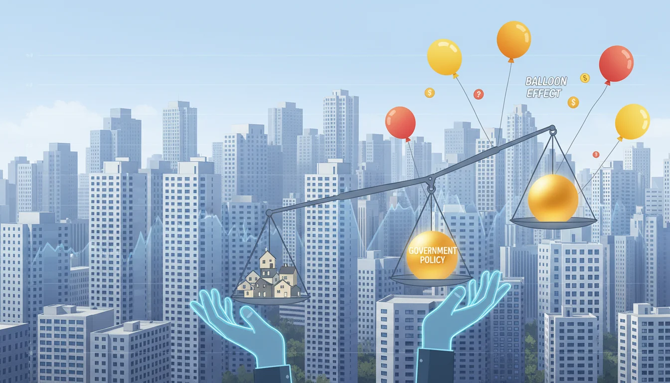 한국 도시 배경에 부동산 규제와 풍선효과를 상징하는 일러스트 1