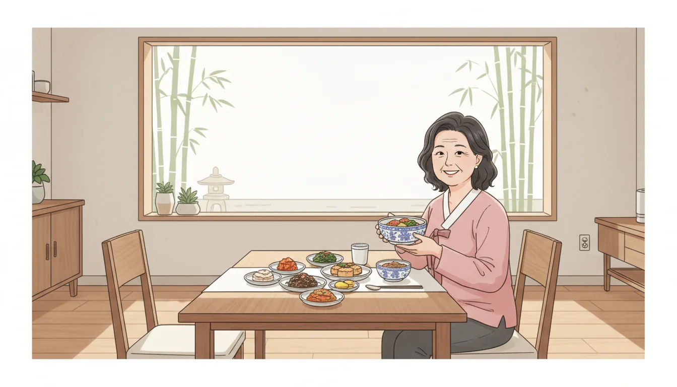 건강한 반찬을 먹으며 미소 짓는 50대 한국인 여성 1