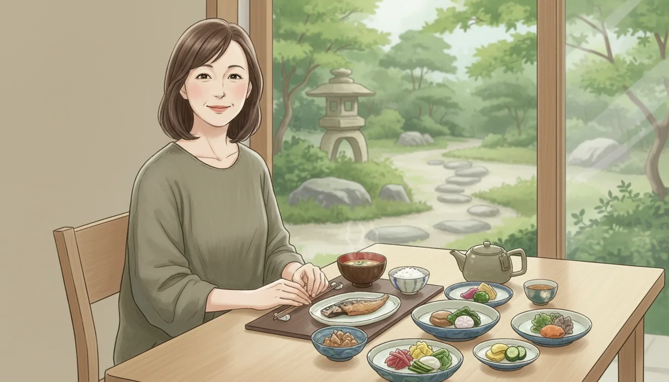 健康的な和食を囲む50代日本人女性、血管ケア。 1 健康的な和食を囲む50代日本人女性、血管ケア。 1