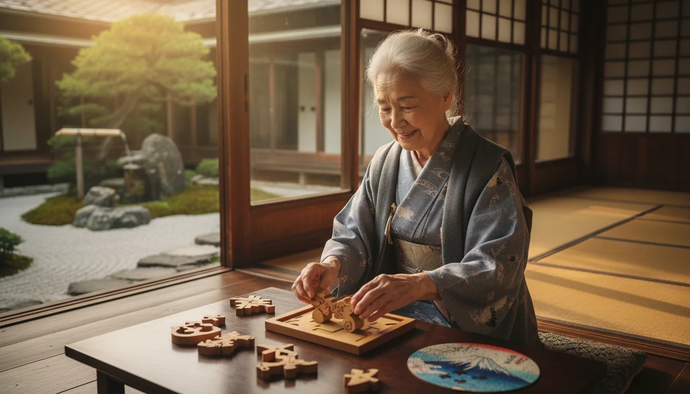 縁側でパズルに取り組む日本人高齢女性のイラスト 1