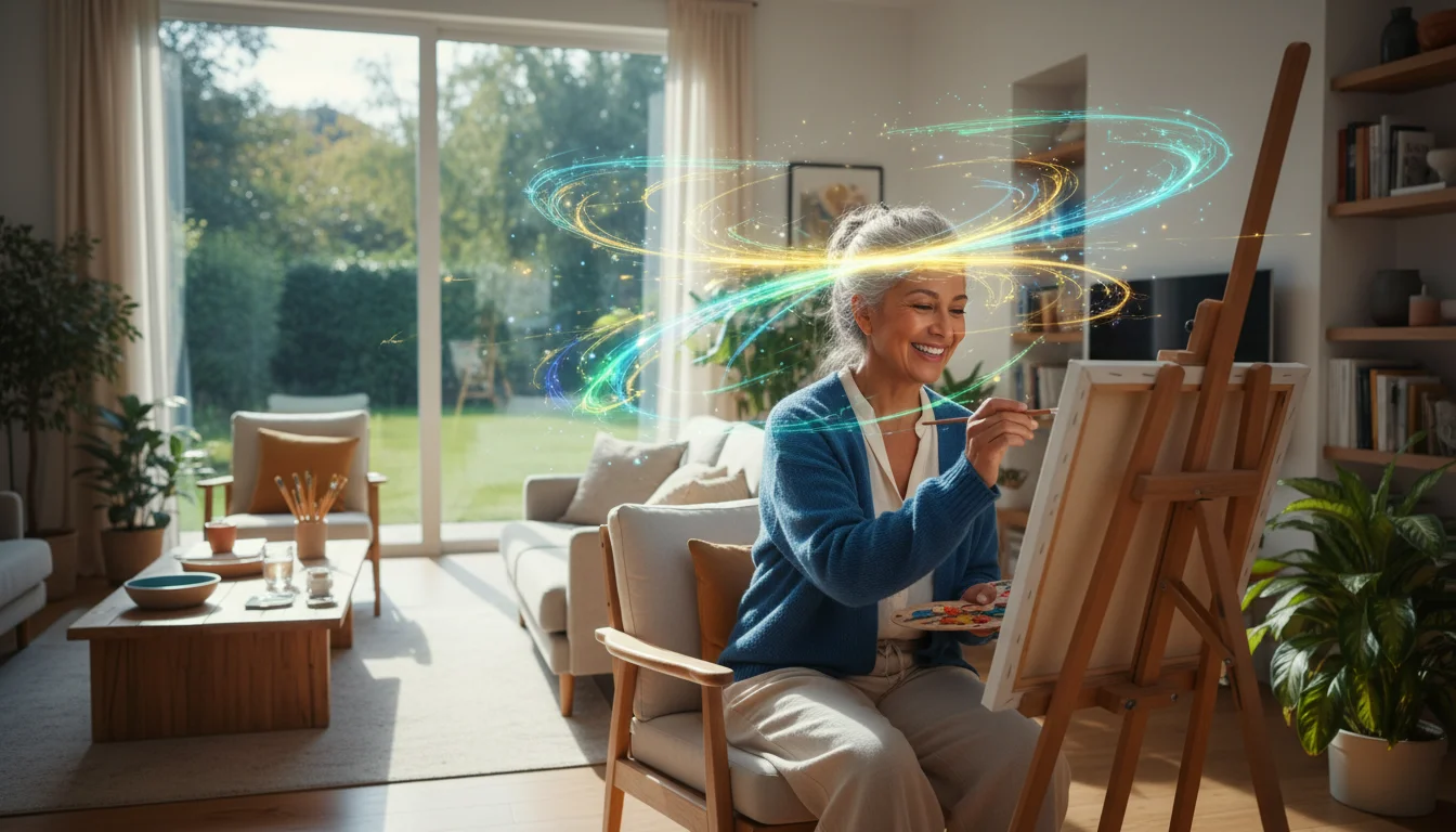 Smiling senior with brain patterns, active mind