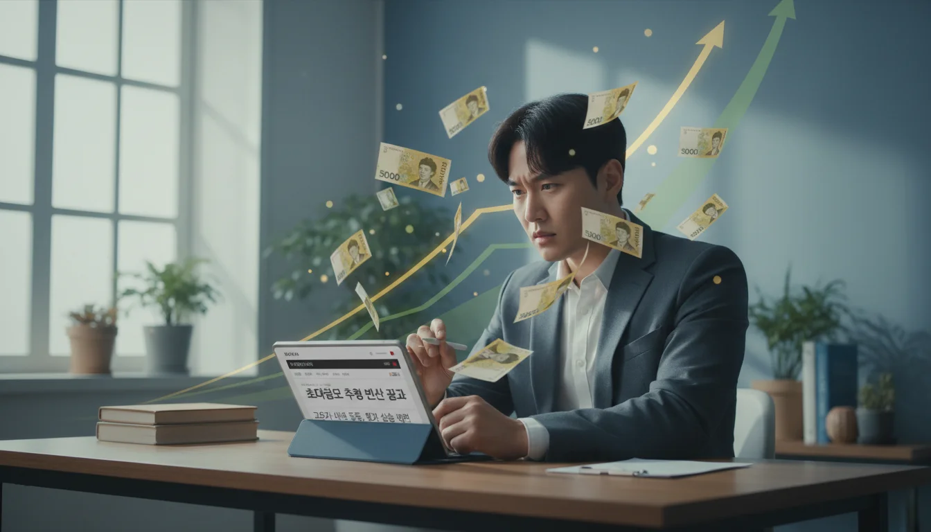 책상에서 26.2조 추경 뉴스를 살펴보는 한국 직장인 1