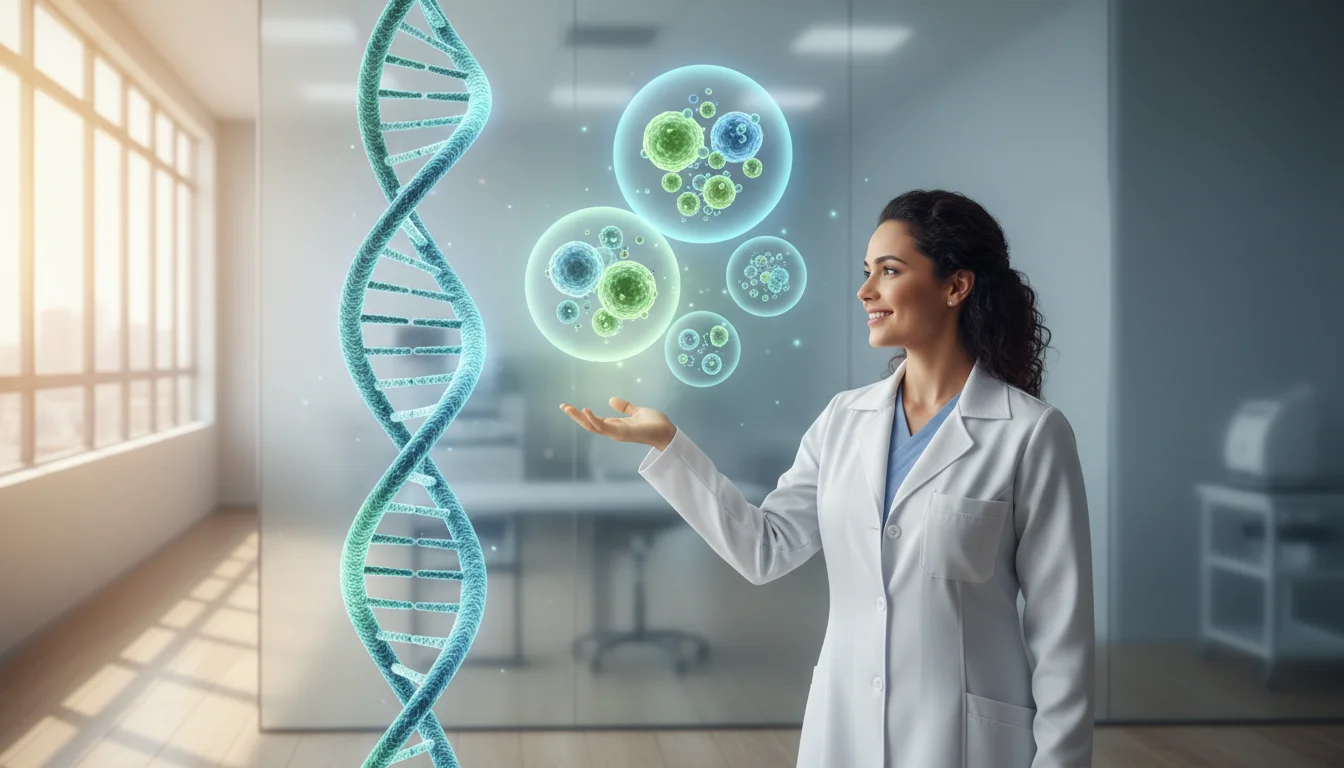 Médica otimista em clínica, com símbolos de pesquisa. 1