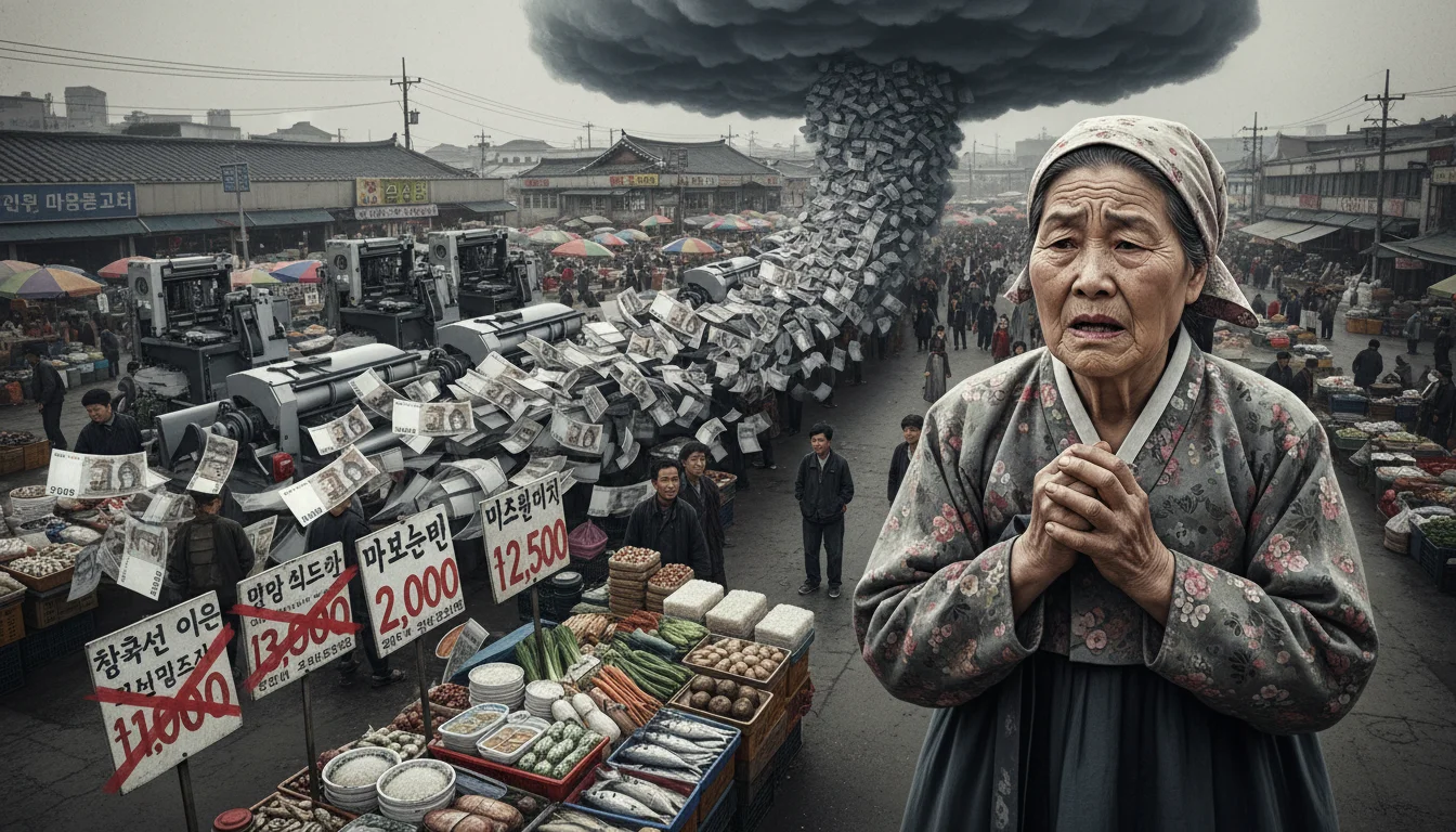 물가 상승에 걱정하는 한국 여성과 빠르게 발행되는 원화 지폐, 전쟁 추경의 그림자. 1