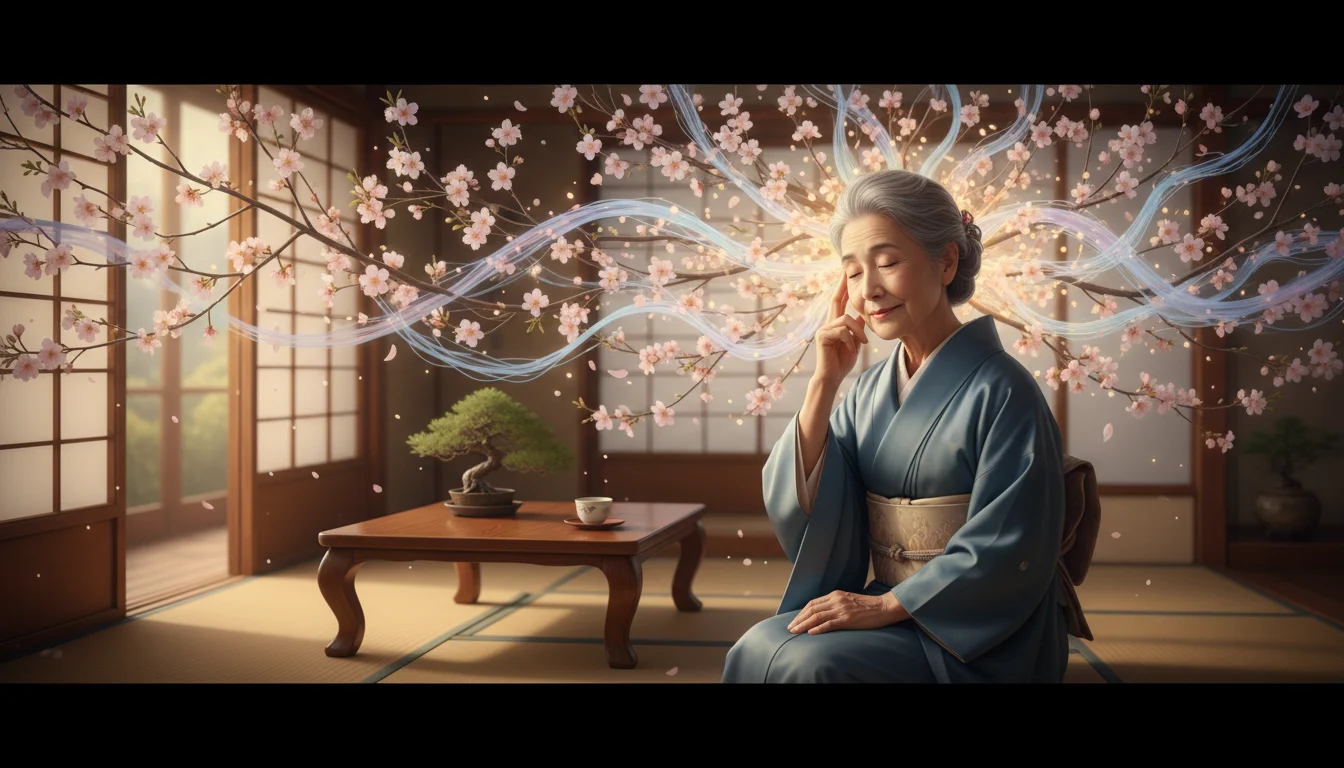 和室で穏やかに考える高齢女性、脳の可塑性を表す光る神経と桜 1
