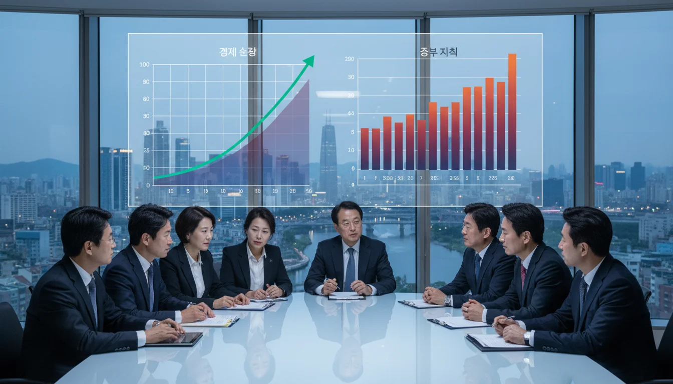 서울 회의실에서 경제 전문가들이 성장률과 추경 예산 데이터를 분석하는 모습 1