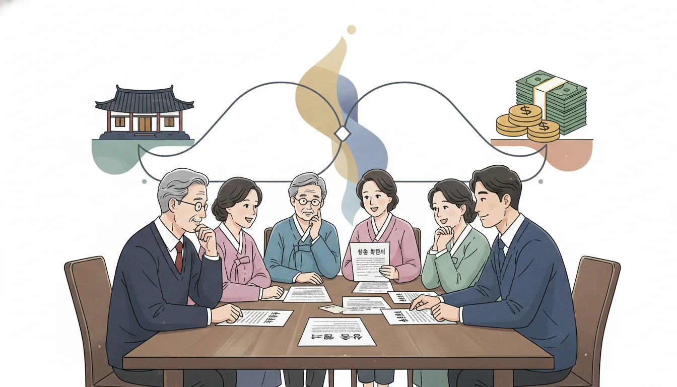 상속 서류를 보고 고민하는 한국인 가족과 저울 1