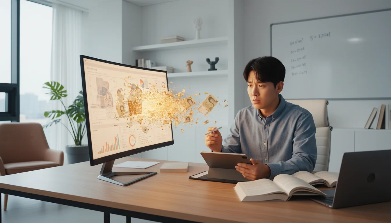 돈이 녹는 화면을 보는 한국인 직장인 1