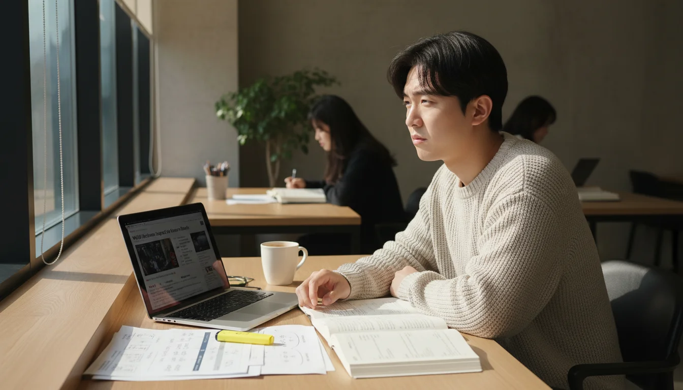 노트북으로 WGBI 한국 국채 편입 공부하는 청년 1