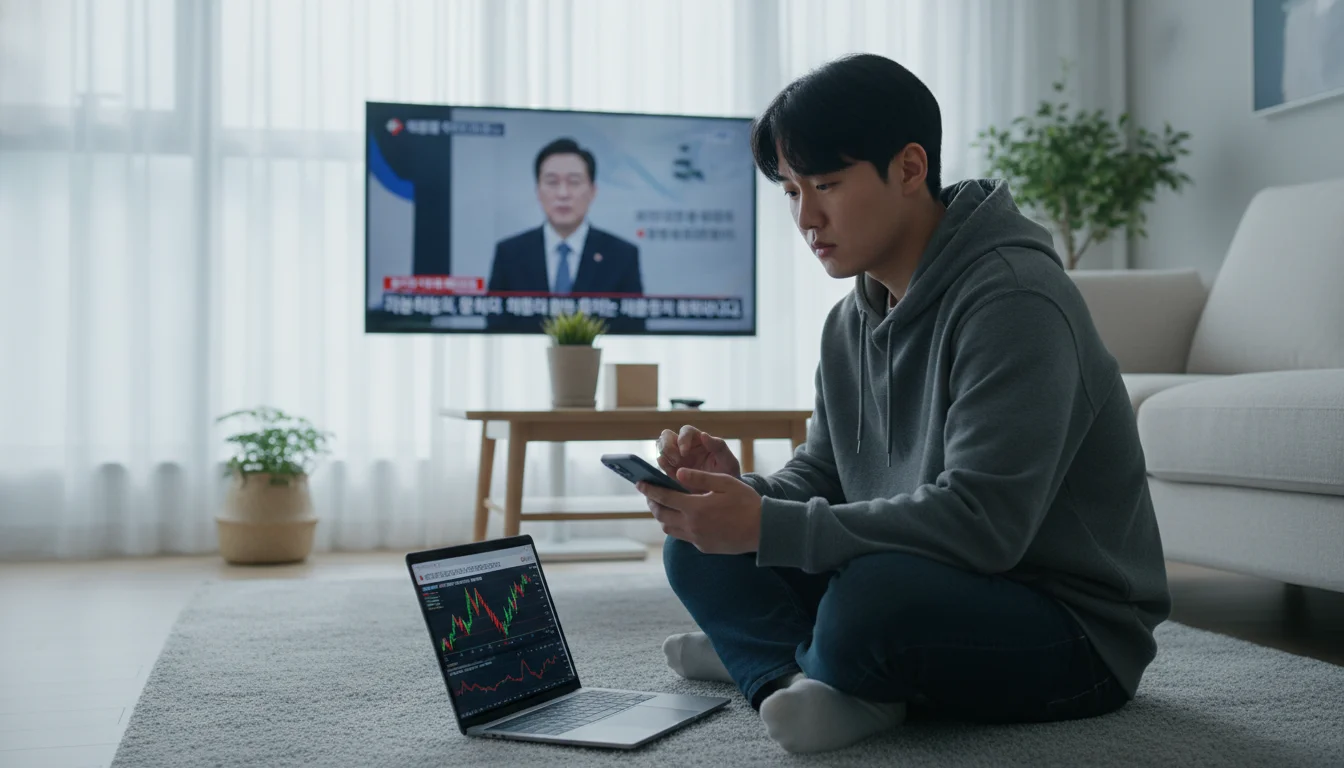 돈복사를 꿈꾸는 한국인 청년이 연준 의장 교체 뉴스를 보며 투자 시장 변동성을 고민하는 모습 1