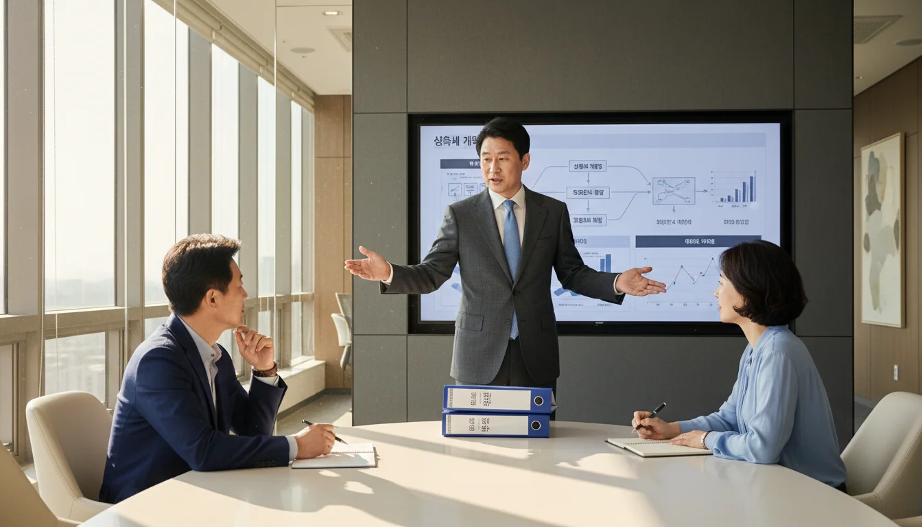 한국인 전문가가 상속세 개편과 주택 세금을 부부에게 설명하는 모습 1