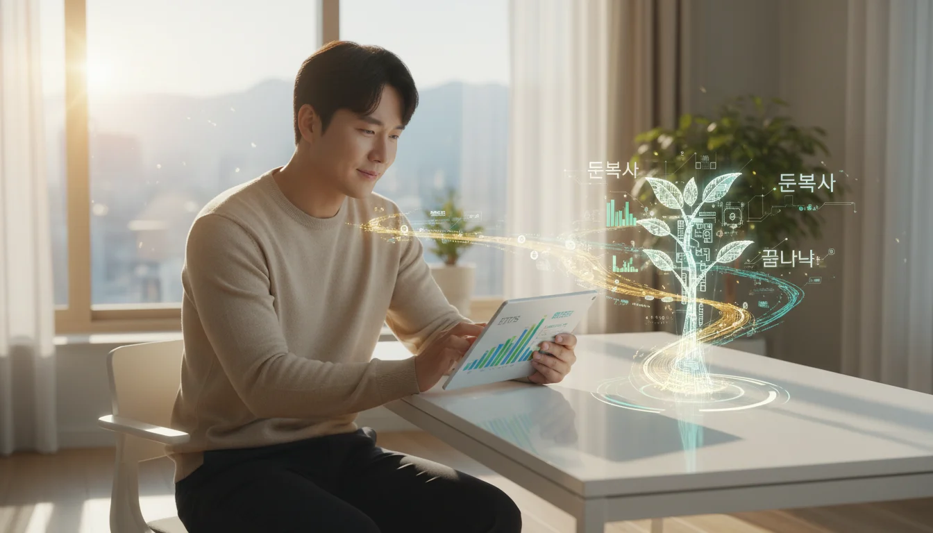 태블릿으로 커버드콜 ETF 차트를 보는 한국인 투자자 1