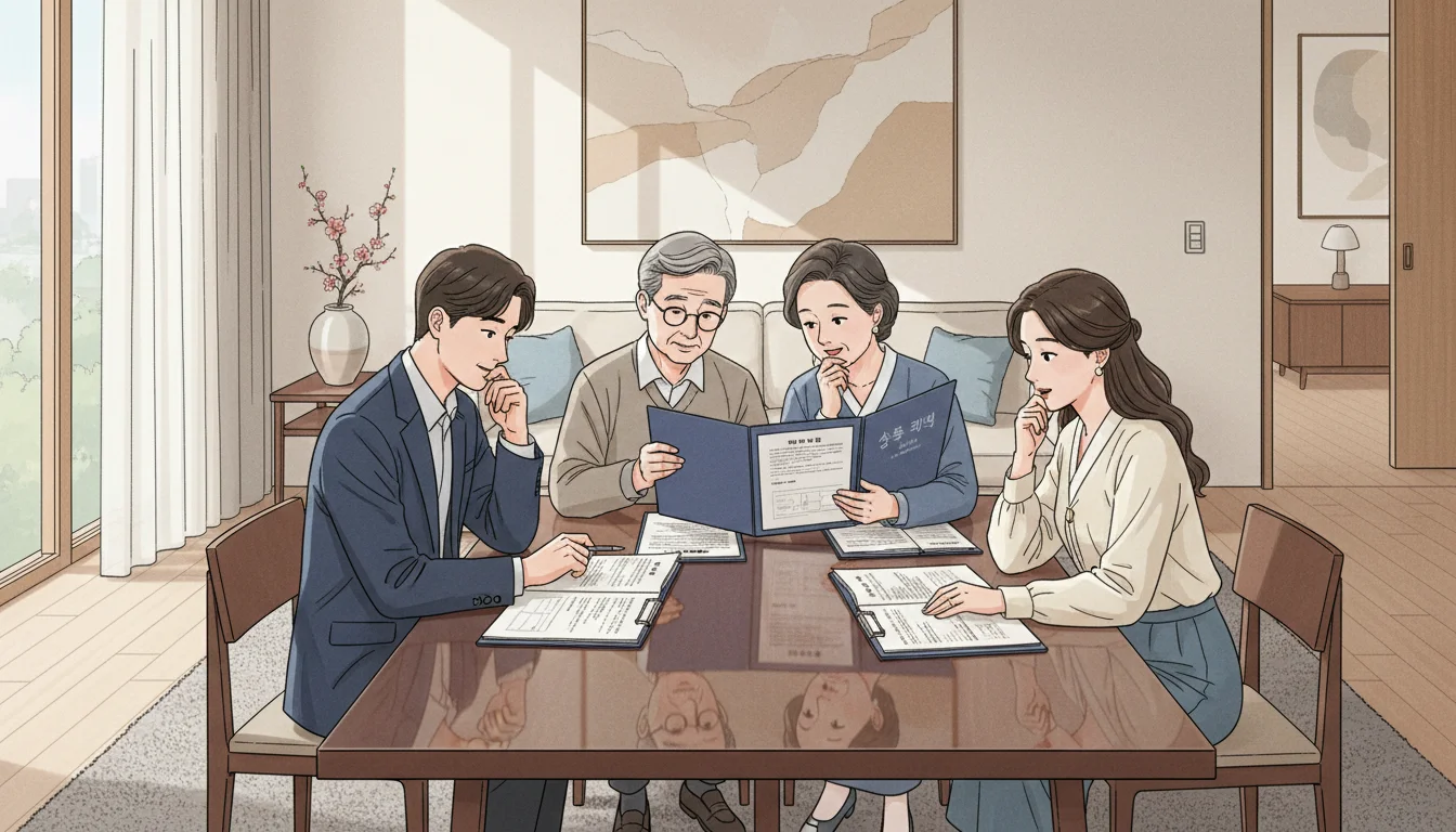 상속 서류를 보며 유류분 제도 개정에 대해 논의하는 한국 가족 1