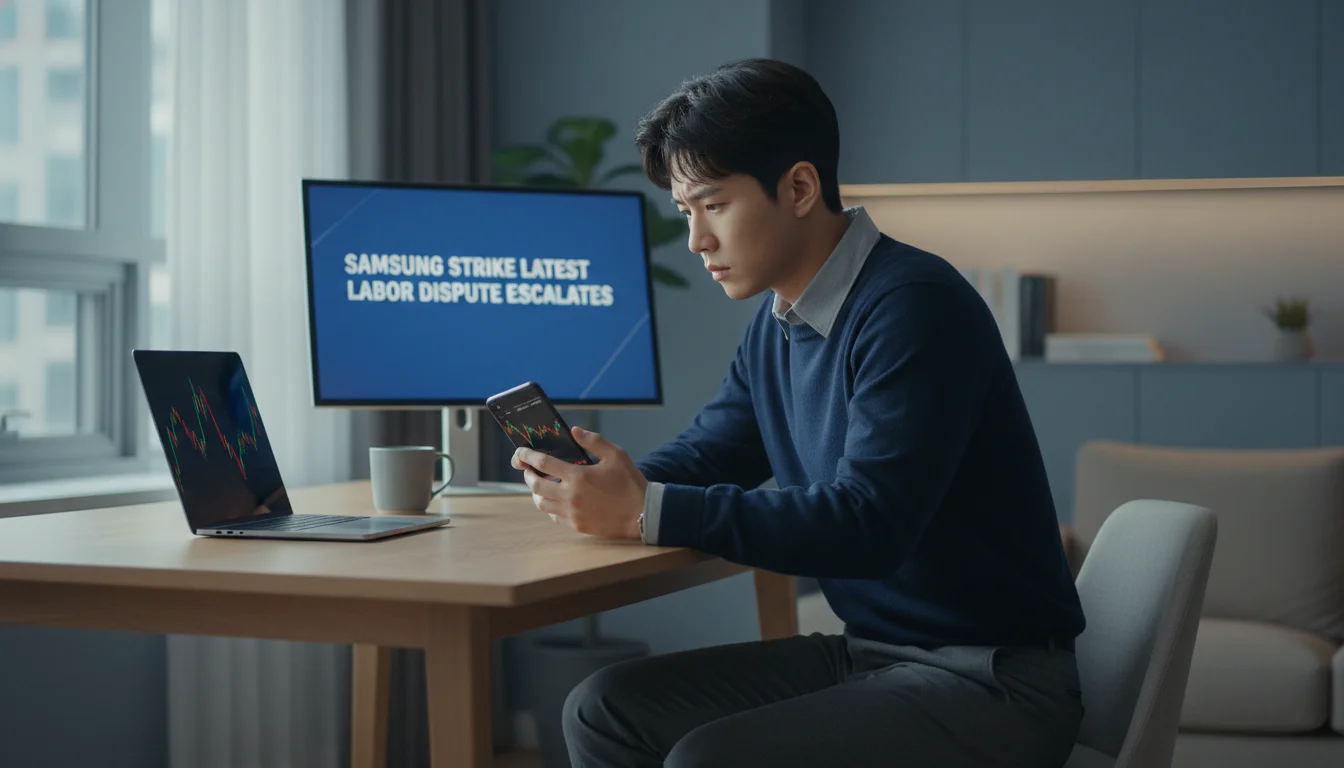 스마트폰으로 삼성전자 주가와 파업 뉴스를 보는 초보 투자자 1