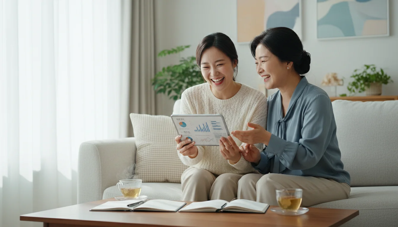 한국인 모녀가 태블릿으로 상속 계획을 논의하는 모습 1